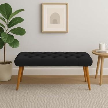 Imagem de Banqueta Retangular Classic Pés De Madeira Capitonê Estofada Quarto Suede(Preto)