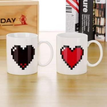 Imagem de Caneca de coração de pixel sensível ao calor - Lavar à mão apenas copo de cerâmica com design que muda de cor, 400 ml, presente divertido para amigos e familiares