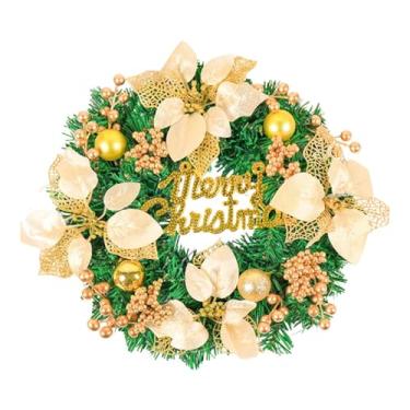 Imagem de IEUDNS Guirlanda de porta de Feliz Natal, folhas verdes, guirlanda de flores artificiais de poinsétia reutilizáveis ​​para casamento, para uso externo em, Ouro 40cmx8cm