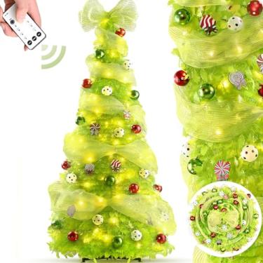 Imagem de NatuBeau Árvore de Natal pop-up verde limão com 150 luzes LED, árvore de Natal dobrável pré-decorada com enfeites de bola e laços para sala de estar, apartamento, decoração de casa (fita espiral)