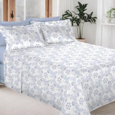 Imagem de Jogo de Cama 100% Algodão 300 Fios Percal Lençol Antiácaro Respirável com Toque Macio, 4 Peças - Bem Lunar (Azul Serenity, Casal)