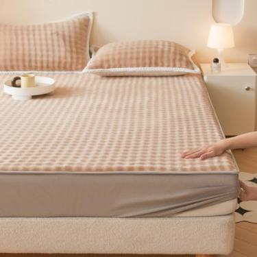 Imagem de Capa de colchão, lençol de veludo grosso, cores sólidas, protetor de colchão quente para todas as estações, capa elástica macia contra poeira para outono, inverno, primavera, cáqui, 150 x 200 cm