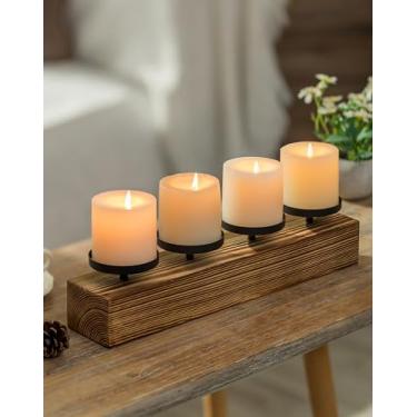 Imagem de Romadedi Castiçal de casa de fazenda para centro de mesa - Castiçais rústicos de madeira de pinho para pilar mesa de jantar centro de mesa de centro de mesa lareira cornija de ação de graças Natal