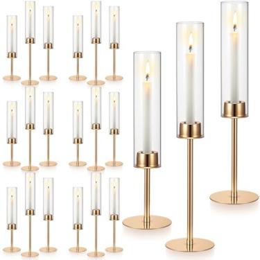 Imagem de Meanplan 18 peças de castiçais dourados Hurricane de vidro transparente 14/16/45.7 cm para varas de vela, velas cônicas altas para outono, Natal, lareira e mesa de jantar, decoração de festa de