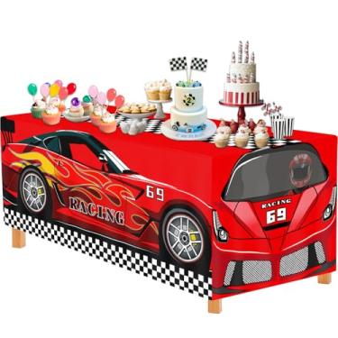 Imagem de Idealmuzik Toalha de mesa de carro de corrida para meninos e meninas, capa de mesa de festa de corrida de poliéster 182 x 76 cm, decoração de aniversário de carro rápido para crianças, adolescentes e