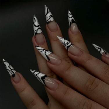 Imagem de Kit de unhas de pressão stiletto unhas falsas francesas amêndoas longas com design requintado cola acrílica em unhas para mulheres cobertura completa bastão falso artificial no prego para uso diário