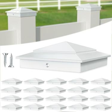 Imagem de Pacote com 20 tampas de poste de alumínio 4x4 para trilhos de deck (real 8,9 cm x 8,9 cm), tampas de postes de cerca com parafusos, tampa de postes de deck de pirâmide branca para trilho de madeira