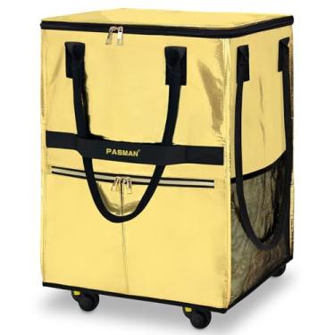 Imagem de PASMAN Bolsa de compras reutilizável com rodas, carrinho de compras, bolsa com 8 bolsos e capa com zíper, dobrável, alças resistentes, Dourado, Medium