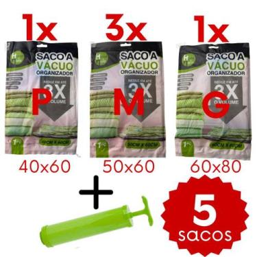 Imagem de Kit de Sacos a Vacuo com Bomba Organizar Guarda-Roupa Viagem - Home Mo