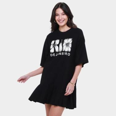 Imagem de Vestido Curto Farm Pregas do Rio Flor, Preto, G