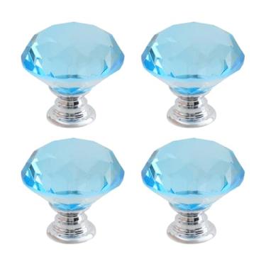 Imagem de Dahszhi 4 peças de diamante de topo plano 30 mm puxador de vidro de cristal puxadores de armário gavetas armário cômoda estante guarda-roupa, prata, azul lago