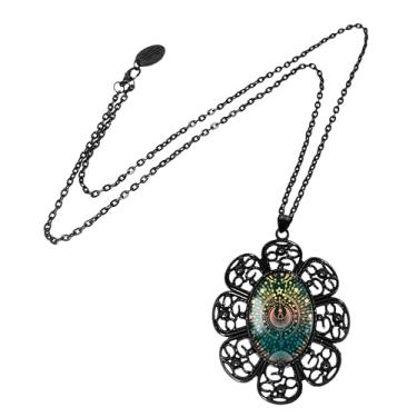 Imagem de Colar com pingente de lua e estrelas celestiais, design de flor de filigrana de metal preto, corrente longa - 15-JBFN, grande, metal, sem pedra preciosa