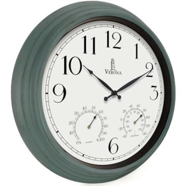 Imagem de Relógios externos de 45,7 cm para pátio grande à prova d'água com termômetro - Relógio ao ar livre azul-petróleo com temperatura e umidade para parede - à prova de intempéries, preciso e fácil de ler