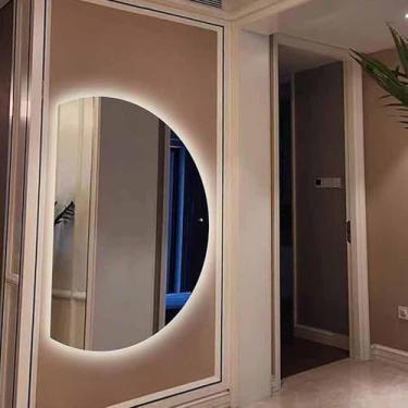 Imagem de Espelho De Banheiro Com Iluminação De Fundo E 3 Luzes Coloridas, Espelho De Vaidade Led Antiembaçante E Regulável, Meia-lua, Sem Moldura, Espelho De Parede 33 * 47 Pol, Left Cut, 77 * 110cm