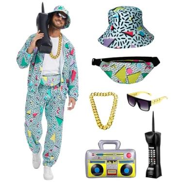 Imagem de rumnigh Traje de treino masculino dos anos 80, 90, conjunto de roupa de hip hop, traje de treino vintage para festas discotecas temáticas (verde, 3GG)