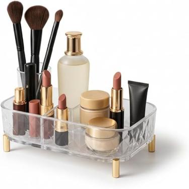 Imagem de Bandeja Acrílica com Pés Dourados | Organizador de Maquiagem, Perfumes, Joias e Cosméticos