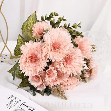 Imagem de Requintado buquê de flores artificiais de seda gerbera rosa com pétalas onduladas e folhagem verde, flores falsas realistas para decoração do dia dos namorados