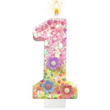 Imagem de Velas de aniversário de flores silvestres – Vela número 1 para topos de bolo, velas de macaron para decorações de festas temáticas doces, aniversário de casamento e outras celebrações (1 vela)