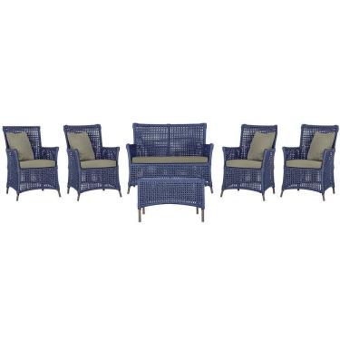 Imagem de Jogo Sofá 4 Poltronas E Mesa Igapó Marrom E8 Trama Original Azul