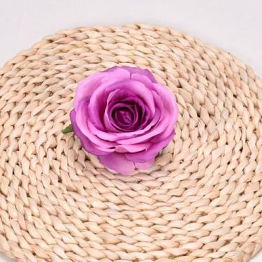 Imagem de 8 peças de flores artificiais – flores de rosas roxas com folhas, arranjos florais falsos para casa, banheiro, escritório, mesa, mesa central, prateleira, decorações de casamento