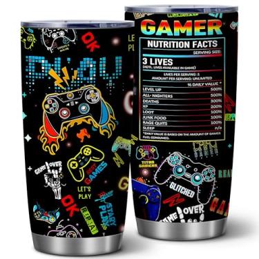 Imagem de ATHAND Canecas de jogos, 590 ml, presentes para jogadores, copo de café gelado de aço inoxidável isolado com tampa, caneca de café de viagem engraçada, presentes de aniversário de Natal para homens