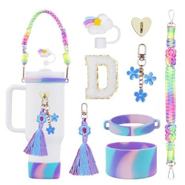 Imagem de Rabrgab Conjunto de acessórios para copos Stanley com inicial de 8 peças para 1,134 g, 850 g 590 g - Presentes para meninas adolescentes, copo de decoração com alça, enfeite de palha arco-íris