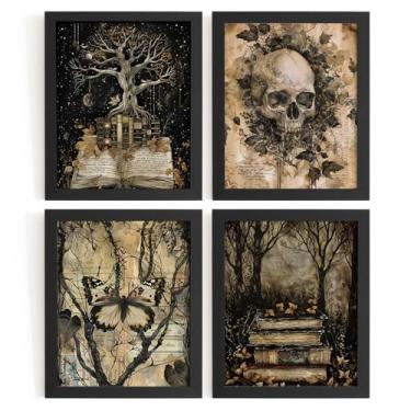 Imagem de WXHUM Conjunto de 4 impressões de arte de parede de esqueleto de borboleta gótica, vintage, Dark Academia, Halloween, crânio assustador, floresta, livro, para sala de leitura, biblioteca, quarto, 20 x