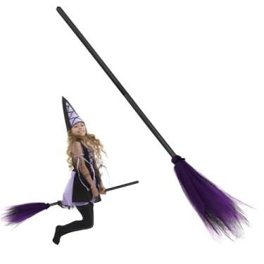 Imagem de Vassoura de bruxa de Halloween, pequenos adereços de vassoura de bruxa de plástico roxo, acessórios de fantasia de Halloween, adereços para fotos e acessórios de festa.