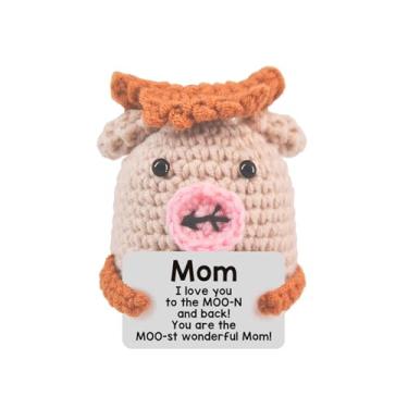 Imagem de Adorável vaca cravejada à mão – Acompanhante de apoio emocional positivo de 7,5 cm com cartão motivacional, decoração de mesa divertida para escritório/casa, presente para amigos/colegas/aniversários