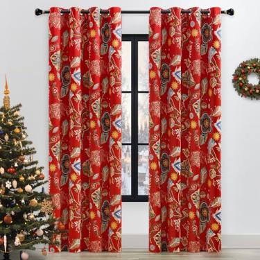 Imagem de XiDi Cortinas de Natal vermelhas com estampa floral vintage blackout 203 cm de comprimento para quarto e sala de estar, 2 painéis, isolamento térmico, luxuoso, colorido, botânico, estampado, ilhós