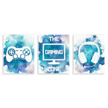 Imagem de Stupell Industries Blue Gamer Splatters Conjunto de arte de placa de parede de 3 peças, design por Marcus Prime, 14 x 11