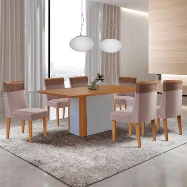 Imagem de Mesa De Jantar Isadora 180cm Tampo Mdf Laminado 6 Cadeiras Andes Linho Capuccino Tork Off White