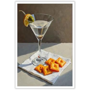 Imagem de Impressão de arte de parede em tela retrô Martini - Decoração de biscoitos de queijo para cozinha, carrinho de bar e salas de jantar | Pintura à prova d'água com arte vibrante de coquetéis | Pôsteres