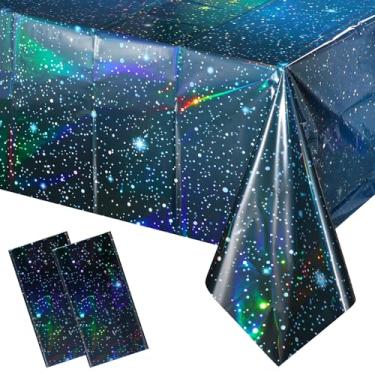 Imagem de YIDAKO 2 peças de toalhas de mesa iridescentes espaciais, descartáveis de plástico azul, toalha de mesa retangular, para decoração de festa de aniversário, 137 x 272 cm