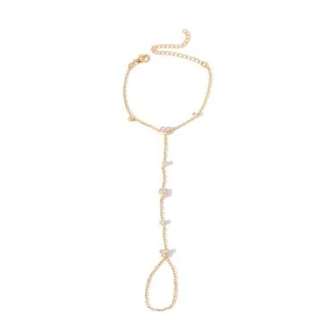 Imagem de Pulseira de corrente de mão de flor de strass de ouro para mulheres pulseira de anel floral de cristal delicado CZ flores pulseiras de corrente de dedo pulseiras acessórios de joias, Large, Liga