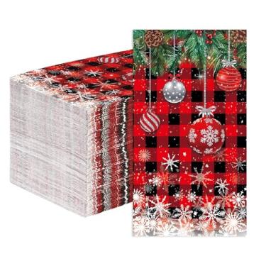 Imagem de 100 guardanapos de papel de guingão vermelho de Natal, 3 camadas, vermelho, preto, xadrez, descartáveis, absorventes de Natal, poinsétia, plantas, bolas coloridas, guardanapos para convidados para