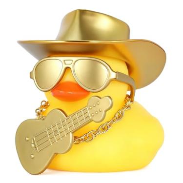 Imagem de BOZILY Decorações de painel de carro de pato de borracha dourada com chapéu de cowboy e guitarra - Decoração macia para alívio de estresse para acessórios de carro, mesa de escritório, decoração de