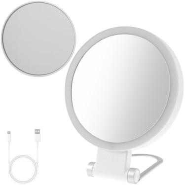 Imagem de ZFLYCANP Conjunto de espelho de aumento 1X/20X, espelho de maquiagem de viagem com luzes, espelho de aumento de dupla face, iluminação de 3 cores ajustável recarregável para viagens