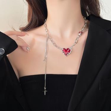 Imagem de Colar de corrente de borla de coração vermelho, gargantilha de borla de quatro pontas, estilo punk, corrente de prata, corrente de suéter hip hop, joias modernas