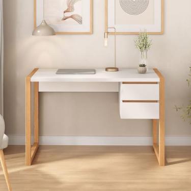 Imagem de IDIMEX Escrivaninha Madeira Branca para Escritório 2 Gavetas Belinda Escrivaninha para Quarto 120 cm Freijó