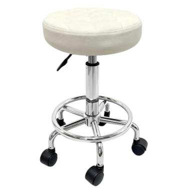 Imagem de Banqueta Giratória Ajustável Profissional Rodas para Escritório Salão Spa Estúdio Tatuagem Maquiagem Manicure Artista Casa Banco Estética Redondo Couro Branco Compacto Moderno Versátil