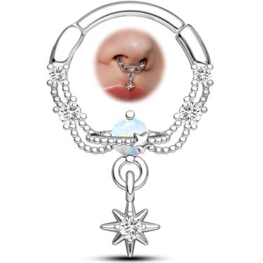 Imagem de OUFER Anéis de septo octagrama de 16 g, joia de septo de opala branca, clique de segmento articulado CZ transparente, argolas de nariz de aço cirúrgico 316L, Helix Daith Tragus, joia de piercing de