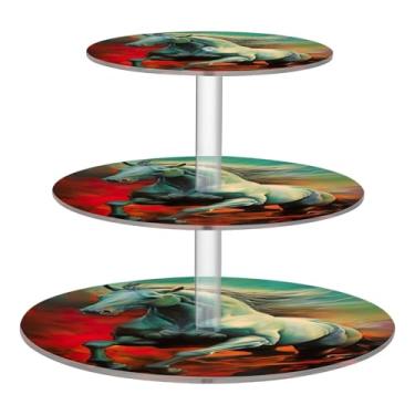 Imagem de Blueangle Suporte redondo de cupcake de 3 camadas – torre de sobremesa acrílica com pintura galopante de cavalo, suporte de sobremesa em camadas antiderrapante para chá de bebê, aniversário, festa de