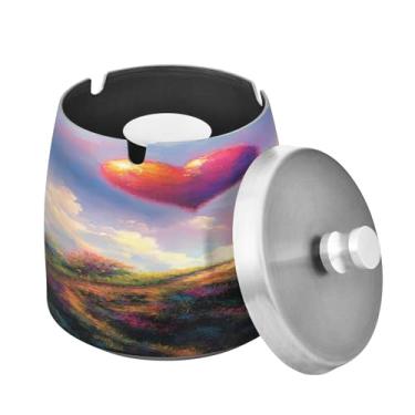 Imagem de Blueangle Cinzeiro arco-íris coração amante dos namorados com tampa para cigarros, à prova de vento/à prova de chuva, aço inoxidável, sem fumaça, inodoro, cinzeiro para uso interno ou externo (114)