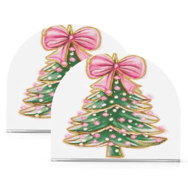 Imagem de ATTX Pacote com 2 porta-guardanapos de Natal de acrílico com design de arco rosa de árvore de Natal - Organizador de mesa decorativo para cozinha, restaurante, decoração de férias de casa #789