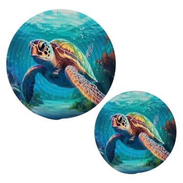 Imagem de Blueangle 2 peças de suporte de panela de tartaruga marinha - conjunto de pegadores de panela de tecido redondo - almofadas quentes trançadas de algodão - porta-copos - tapetes de mesa para cozinhar e