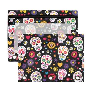 Imagem de ATTX Bolsa de lápis de flor de caveira de açúcar para fichário de 3 anéis - Estojo de lápis transparente de grande capacidade com zíper liso, organizador de material de escritório resistente #250