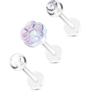 Imagem de OUFER 3 peças de joias de piercing de hélice de plástico, retentores labiais transparentes para cirurgia, lindos anéis de lábio para pata/laço/flor para mulheres, brincos de lóbulo tragus de