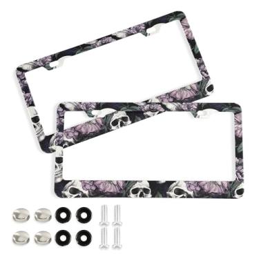 Imagem de SEHANY Molduras de placa de carro vintage rosa crânio, capas de alumínio à prova de ferrugem com furos elípticos e parafusos serve para veículos padrão dos EUA tamanho acessórios de carro para
