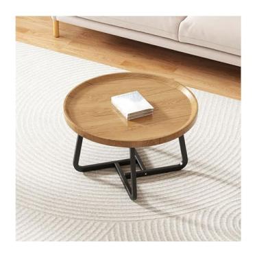 Imagem de HGTRH Mesas de encaixe redondas para sala de estar, conjunto de 2 mesas de centro modernas com suporte de aço carbono HDF empilhável para apartamento, sala de estar, quarto, varanda, madeira, 60 x 60